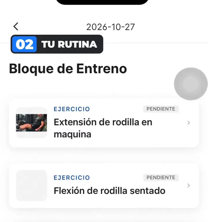 Pantalla de la app de SR Trainer: tu rutina del día con sus ejercicios